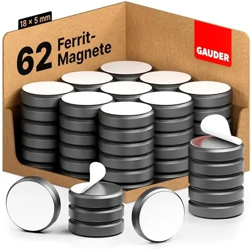 Produktbild: GAUDER Magnete für Magnettafel | 62x Selbstklebende Magnete für Whiteboard, Kühlschrank & mehr | Magnete schwarz