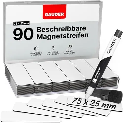 Produktbild: GAUDER Magnetetiketten beschreibbar (75 x 25 mm) | 90 Stück Magnetschilder zum Beschriften | Magnetkarten ideal für Kanban Board, Whiteboard & Tafel