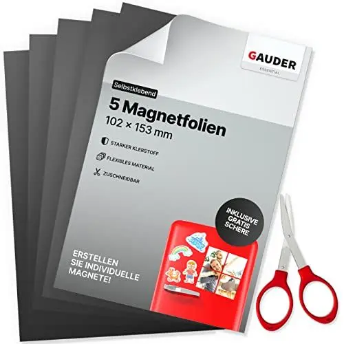 Produktbild: GAUDER Magnetfolie selbstklebend (10 x 15 cm – 5 Stück) | Magnetische Folie schwarz | Magnetklebefolie für Fotos & mehr