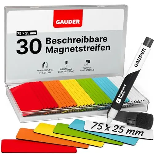 Produktbild: GAUDER Magnetstreifen beschreibbar | Magnetschilder zum Beschriften | Magnetkarten für Kanban Board, Whiteboard & Tafel (75 x 25 mm)