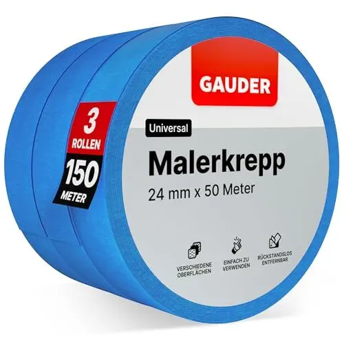 Produktbild: GAUDER Malerkrepp für präzise Farbkanten - Profi-Kreppband für Malerarbeiten - Malerband & Abdeckband blau - Abklebeband aus Washi-Papier (3 Rollen - 24 mm x 50 m)