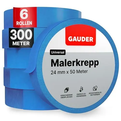Produktbild: GAUDER Malerkrepp (24 mm x 50 m) | 6x Kreppband für Malerarbeiten und Renovierungen | Abklebeband zum Streichen, Lackieren, Renovieren