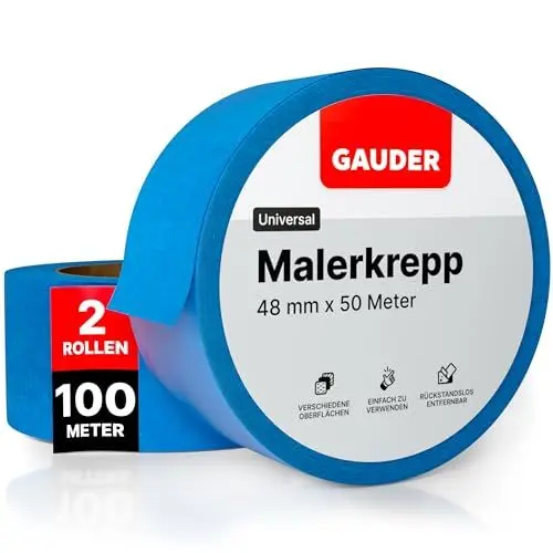 Produktbild: GAUDER Malerkrepp für präzise Farbkanten - Profi-Kreppband für Malerarbeiten - Malerband & Abdeckband blau - Abklebeband aus Washi-Papier (2 Rollen - 48 mm x 50 m)