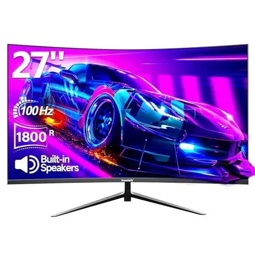 Produktbild: Gawfolk Curved Monitor 27 Zoll 100Hz, PC Bildschirm mit Lautsprecher 1080P, 1800R 75Hz Computerbildschirm mit Eye Care Technologie HDMI VGA, unterstützt VESA