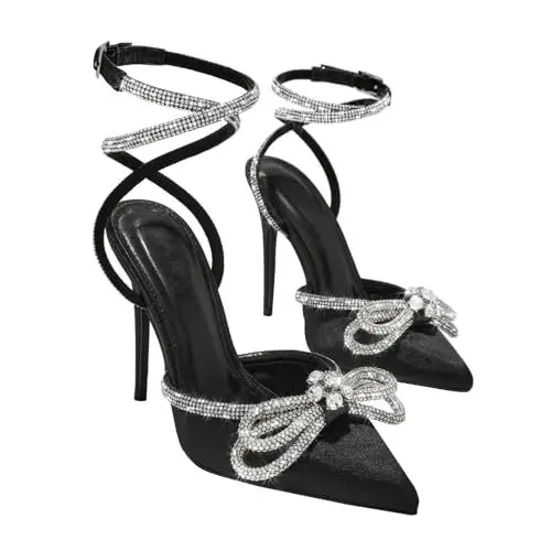 Produktbild: GBBRZKTB High Heels Damen Destiny Geschlossene Zehenpartie Glänzende Strass-Schleife Fesselriemchen Pumps Hochzeit Brautparty Abendschuhe 11,5cm,Black-41