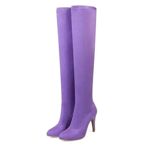 Produktbild: GBBRZKTB High Heels Damen Overknee Stiefel Wildleder Stilettoabsatz Spitzer Zehenbereich Stretch Overknee Stiefel Partykleid Pumps Schuhe 9,5cm,Purple-46
