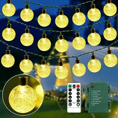 Produktbild: GCMacau Lichterkette Außen Batterie, 13M Lichterkette - 80LED Outdoor Batteriebetrieben, Kristallkugeln, Graphitgrünes Kabel,Wasserdicht (IP65), Fernbedienung - Ideal für Weihnachten, Innen, Balkon