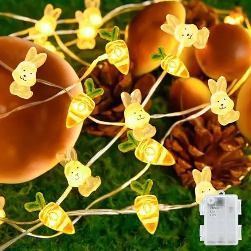 Produktbild: Gcstnn Lichterkette Ostern Batterie, 2M 20LED Hase Karotte Lichter mit 6h Timer, IP65 Wasserdicht Ostern Geschenk Lichter für Kinder Schlafzimmer Party Innen Außen Oster Deko-Warmweiß