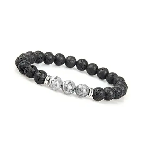 Produktbild: GD GOOD.designs Chakra Perlenarmband Grau für Herren - Naturstein Armband mit schwarzen Lava Perlen I Unisize Energiearmband Männer