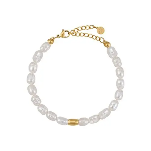 Produktbild: GD GOOD.designs Perlenarmband Damen mit echten Süßwasserperlen - wasserfest I Hautverträgliches Perlen Armband mit 18 Karat Vergoldung (15-19cm)