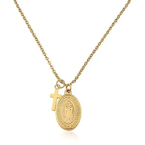 Produktbild: GD GOOD.designs Maria Kette in Gold für Damen - Wasserfest - Madonna Halskette mit kleinem Kreuz Anhänger aus Edelstahl I Größenverstellbar 40+5cm