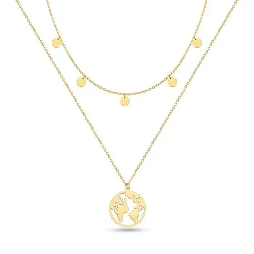 Produktbild: GD GOOD.designs Weltkugel Kette Gold mit Plättchen Mehrreihig für Damen - Wasserfest I Layering Halskette mit Weltkarte und Coins I 18K vergoldete Doppelkette