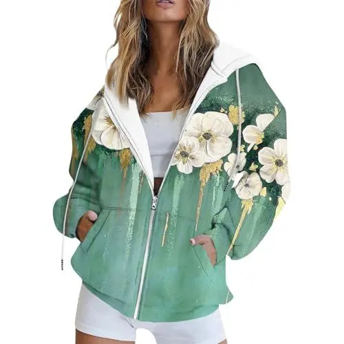Produktbild: GDGTBNH Jeansjacke Damen Jacke Hoodie Damen Wildlederjacke Damen Bomberjacke Damen Bomberjacke Übergangsjacken Damen Günstig Damen Jacke Übergang Blusenjacke Bikerjacke Damen Women Grün L