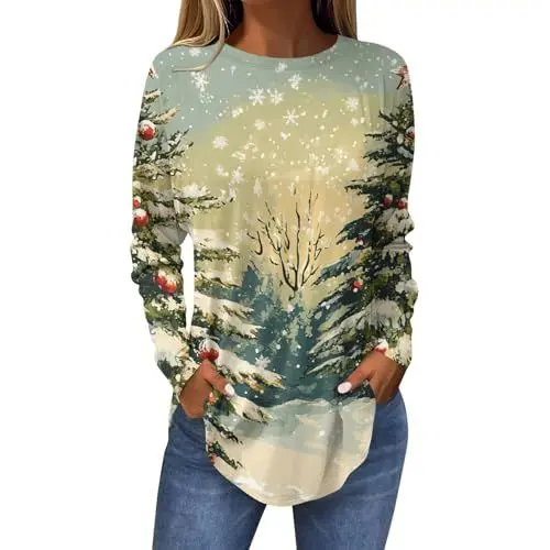 Produktbild: GDGTBNH Weihnachtsshirt Mädchen Weihnachtskostüm Damen Weihnachtssweater Herren Weihnachtspulli Kleider Damen Elch Weihnachtshemd Weihnacht Shirt Damen 3/4 Arm Weihnachtspullover Beige XL