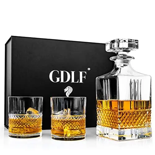 Produktbild: GDLF® Whisky Karaffe Set | 800ml Dekanter Mit 2 Gläsern | Männergeschenke | Für Spirituosen, Likör | Made in Italy