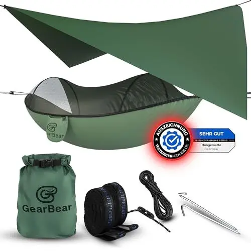 Produktbild: GearBear Hängematte Komplettset: Moskitonetz, Tarp & Aufhängung + Drybag | PopUp Mückenschutz | Hängemattenzelt mit 230kg Traglast | Outdoor Hängematte für Camping & Trekking Abenteuer | 260x140cm