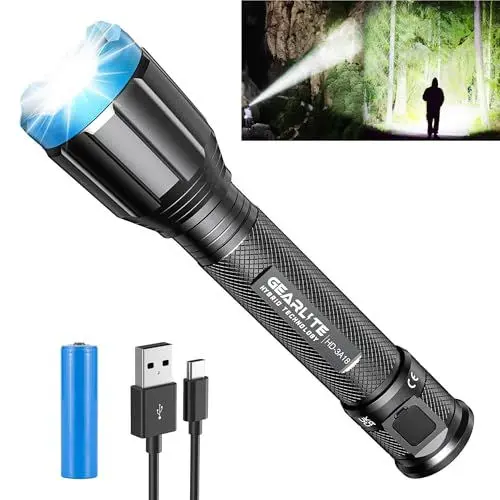 Produktbild: GEARLITE Hybride Taschenlampe LED Aufladbar, Lange Arbeitszeit LED Taschenlampe 100000 Lumen mit Aufladbarer Batterie, IP65 Wasserdichte Handlampe Zoombar mit 4 Modi für Camping Notfall Outdoor