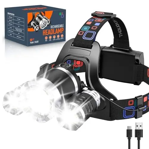 Produktbild: GEARLITE Stirnlampe LED Wiederaufladbar, Superheller Kopflampe 5000 Lumen mit 90° Einstellbar, 6 Modi IP65 Wasserdicht Kopflampe Stirnlampe mit Rotlicht Warnlicht für Camping Angeln Reparatur Notfälle