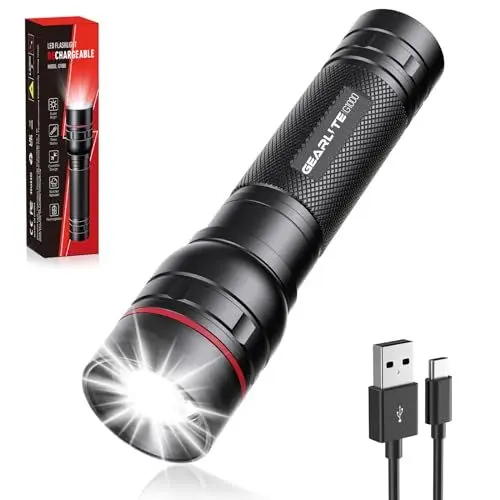 Produktbild: GEARLITE Taschenlampe LED Aufladbar, 2000 Lumen LED Taschenlampe Extrem Hell mit 3 Modi，Zoombare Mini Taschenlampe mit Langer Laufzeit, IP65 Wasserdicht Flashlight für Camping Angeln Notfall Outdoor