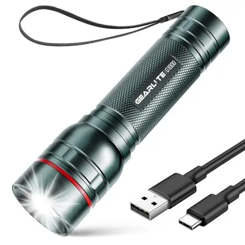 Produktbild: GEARLITE LED Taschenlampe Aufladbar, 2000 Lumen, 3 Modi, Zoombar, Lange Laufzeit, IP65 Wasserdicht, für Kinder, Camping, Angeln, Notfall, Outdoor - Grau