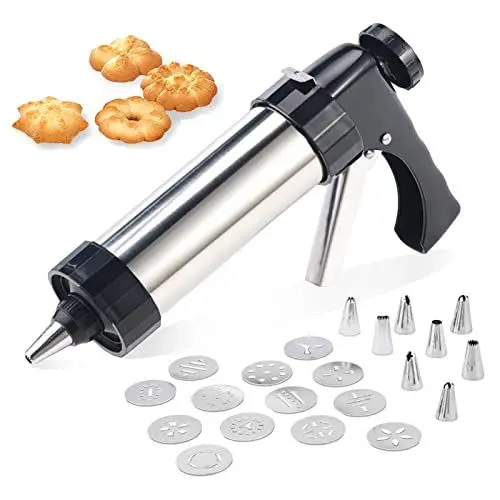 Produktbild: Gebäckpresse für Spritzgebäck Edelstahl Spritzgebäck Presse,Teigspritze Kekspresse Spritzgebäck Profi Spritzgebäck Maschine Gebäckpresse mit 13 Schablonen und 8 Tüclen Plätzchenpresse für Kuchen Kekse