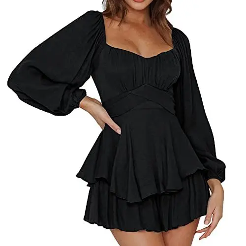 Produktbild: Gebauschtes Rüschenkleid mit integrierten Shorts, schulterfrei, Stufenkleid aus Chiffon, Freizeitkleid Karneval kostüm Piratenkostüm Damen Sommerkleid, Damen Swing Kleid Off Shoulder Slash