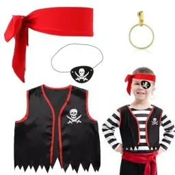 Produktbild: GEBETTER 4 Stück Kinder Piratenkostüm Zubehör Set Vintage Piraten Kostüm Accessoires Augenklappe Pirat Kopftuch Piraten Weste Dress Up Set für Jungen Mädchen Karneval Halloween Cosplay Piratenparty