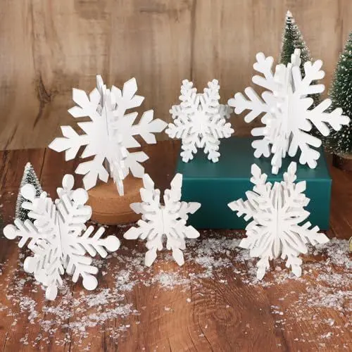 Produktbild: GEBETTER 6 Stück Holz Schneeflocken Aufsteller 10cm 12cm 14cm Weihnachten Ornamente Weiß Holzdeko Figuren Deko zum Hinstellen Geschenk Tischdeko für Winter Neujahr Dekoration Weihnachtsdeko