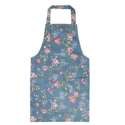 Produktbild: Blumenschürze mit großen Tasche blühende Damenschürze verstellbar Schürze ​Damen Kochschürze Frauen Küchenschürze Geschenk für Küche Garten und Salon Grillschürze Blumen Kittelschürze (Blau)