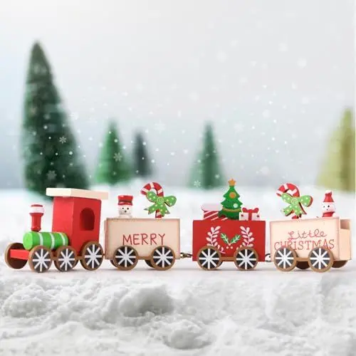 Produktbild: GEBETTER Holz Weihnachtszug Deko Mini Weihnachten Zug Eisenbahn Weihnachtsdeko Xmas Party Tischdeko Weihnachtsbaum Rentier Ornament Dekoration Geschenke (Rot-Weiß)