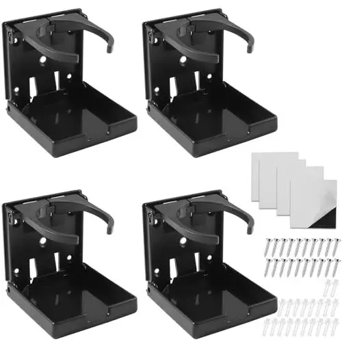 Produktbild: Gebiuhoo 4 Stück Getränkehalter Auto Klappbar 95mm Becherhalter Auto Selbstklebend Dosenhalter Boot Flaschenhalter für Wohnmobil, Yacht, Van, LKW, Haus, Wand (Mit 20 Schrauben, 4 Selbstklebepads)