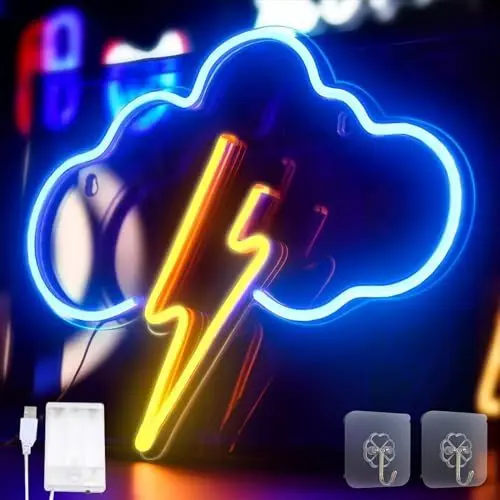 Produktbild: Gebiuhoo Wolke und Blitz Neonlicht, LED Neon Wall Sign Neon Schilder Blau und Gelb Licht Farbe Gaming Zimmer Wanddekoration für Raumdekor Weihnachten Geburtstag mit 2 Haken (USB und batteriebetrieben)