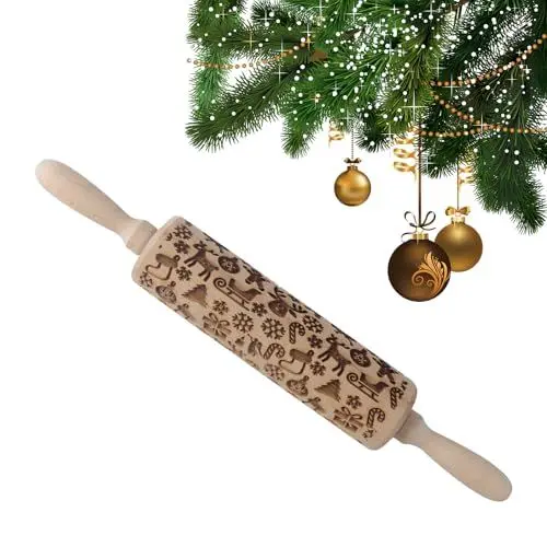 Produktbild: Gebiuhoo Teigroller Weihnachten Nudelholz mit Muster 30cm 3D Holz Nudelholz Teigroller Muster Geprägt Muster Weihnachten Hölzern DIY Weihnachten Präge Nudelholz für DIY Weihnachten Küche Plätzchen