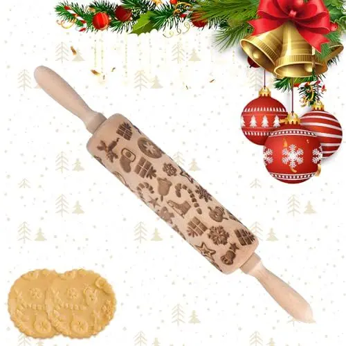 Produktbild: Gebiuhoo Weihnachten Geprägt Teigroller 30cm Gravierte Nudelholz mit Muster DIY Weihnachten Präge Nudelholz Teigroller mit Prägung mit Weihnachten 3D Muster für DIY Weihnachten Küche Plätzchen