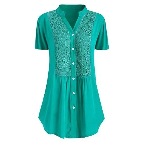 Produktbild: Geblümt Sommer Tailliertes Geteilter Hals T-Shirts Frauen Business Dünnes Lässig T Shirts Knöpfen Kurzärmliges Light Tunika Blusen Damen F919