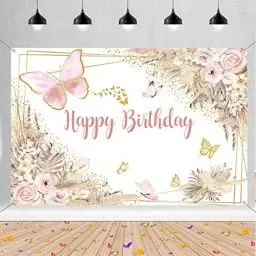 Produktbild: Geburtstag Deko Happy Birthday Hintergrund Banner Party Dekoration für Mädchen Schmetterlinge und Blumen Geburtstag Party Stoff Schild Poster, Geburtstag Foto Hintergrund, 150 x 90 cm