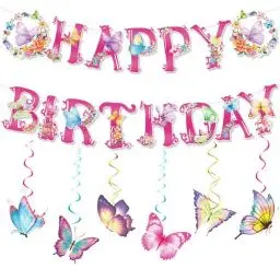 Produktbild: Geburtstagsdeko Schmetterling, 6 Stück Schmetterling Deko Luftschlangen Geburtstag und 1 Stück Happy Birthday Girlande Papier Schmetterlinge zum Aufhängen für Geburtstag Gartenparty