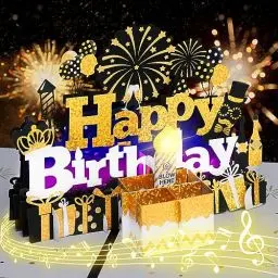 Produktbild: Geburtstagskarte, Musikalische Geburtstagskarten mit Licht und Musik, Blowable Kerze 3D Geburtstag Pop Up Karte, Blow Out LED Licht Kerze und spielen alles Gute zum Geburtstag-Schwarz Gold