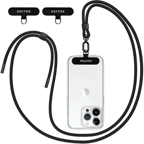 Produktbild: Gectre Handykette Universal, Geeignet für alle Smartphones, mit 2 Stück Universelles Patch, Handyband passend für alle Standard Handyhülle (Schwarz)