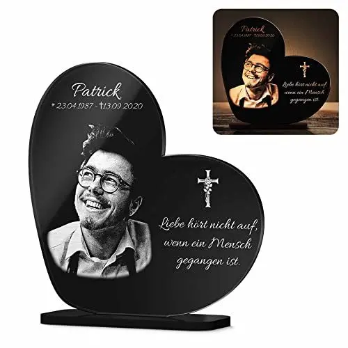 Produktbild: Gedenkstandbilder Gedenktafel mit Gravur Fotogravur Grabstein Mensch Herz stehend in 2 Größen Grabschmuck graviert für Haustiere wie Hund Katze & Co. Grabplatte im Kerzenschein leuchtend