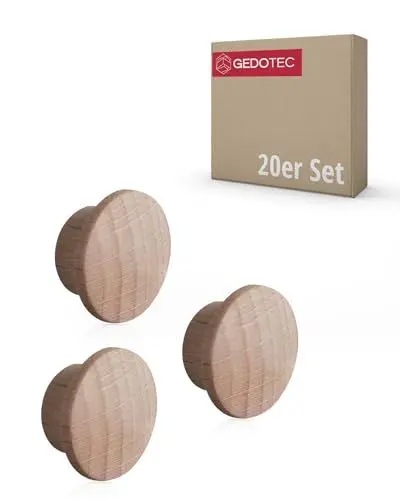 Produktbild: Gedotec Abdeckkappen Loch-Abdeckungen Holz für Blind-Bohrung Ø 10 mm | Massivholz Buche naturbelassen | Gesamt Ø 15 mm | Kappen rund zum Eindrücken | 20 Stück - Endkappen für Möbel & Schrauben-Löcher