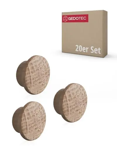 Produktbild: Gedotec Abdeckkappen Loch-Abdeckungen Holz für Blind-Bohrung Ø 10 mm | Massivholz Eiche naturbelassen | Gesamt Ø 15 mm | Kappen rund zum Eindrücken | 20 Stück - Endkappen für Möbel & Schrauben-Löcher