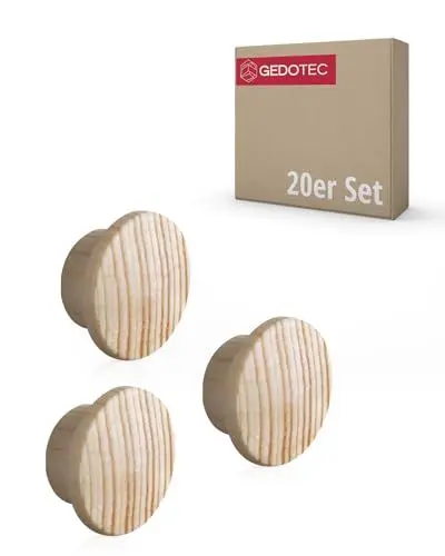 Produktbild: Gedotec Abdeckkappen Loch-Abdeckungen Holz für Blind-Bohrung Ø 10 mm | Massivholz Kiefer naturbelassen | Gesamt Ø 15 mm | Kappen rund zum Eindrücken | 20 Stück - Endkappen für Möbel & Schrauben-Löcher