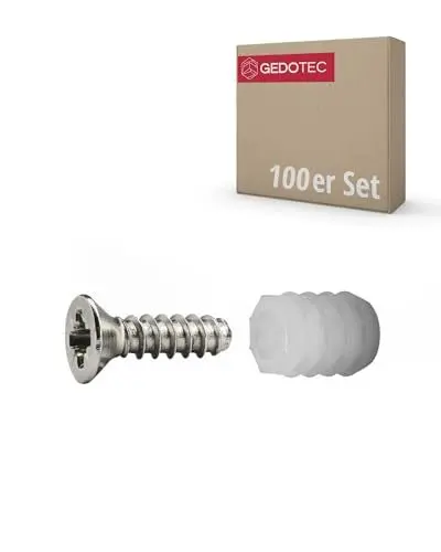 Produktbild: Gedotec Befestigungsschrauben und Dübel | 8 mm Bohr-Ø | 100 Stück | 3,5 x 12 mm Schrauben und 10,8 mm Dübel aus Kunststoff | Topfscharnierbefestigung Möbel, Stangenscharnier, Türscharnier