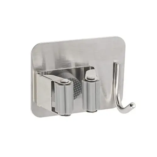 Produktbild: Gedotec Besenhalterung Wand selbstklebend | 1 Stück Putzschrank organizer aus Edelstahl | mit 1 Halter und 1 Haken | Besen-, Mop-, Werkzeughalter | Werkzeug wandhalterung, Gartengerätehalter