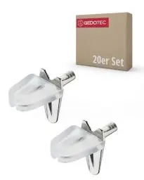 Produktbild: Gedotec Glas-Bodenträger 3 mm Fach-Bodenträger mit Sicherung - H9638 | Tablarträger für Holz und Glas-Böden | Stahl vernickelt - Kunststoff transparent | 20 Stück - Regalbodenträger Stifte für Möbel