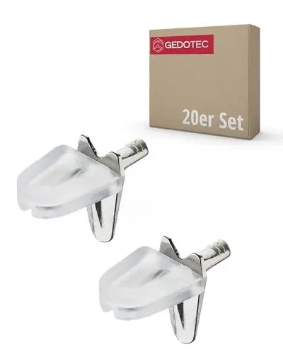Produktbild: Gedotec Glas-Bodenträger 3 mm Fach-Bodenträger mit Sicherung - H9638 | Tablarträger für Holz und Glas-Böden | Stahl vernickelt - Kunststoff transparent | 20 Stück - Regalbodenträger Stifte für Möbel