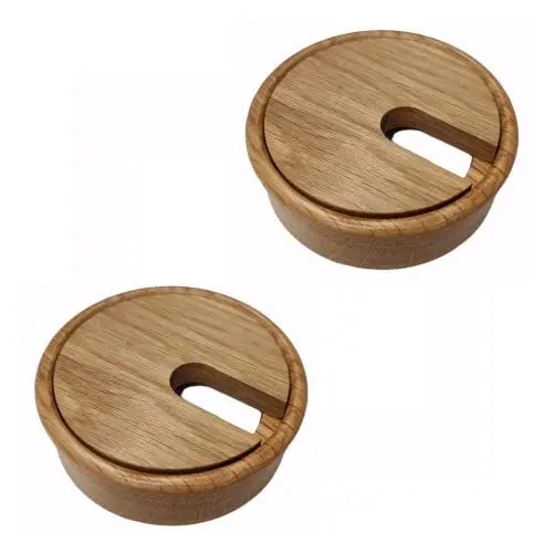 Produktbild: Gedotec Kabeldurchführung Eiche Holz lackiert | Plain | 2 Stück runde Kabeldurchlässe | Kabeldose Bohr-Ø 80 mm | Kabelführung zum Einkleben in Arbeitsplatte | Schreibtischkanal - Kabeldurchlass