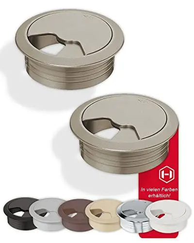 Produktbild: Gedotec Kabeldurchführung Schreibtisch aus stabilem ABS Kunststoff | 2 Stück runde Kabeldurchlässe 60mm | Entry | Kabeldose Edelstahl Optik | Kabelführung zum Eindrücken | kabelkanal Schreibtisch
