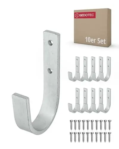 Produktbild: Gedotec Wandhalterung - Universal-Haken Stahl verzinkt | 10 Stück Leiterhaken gebogen 30 x 90 mm | Gerätehaken inkl. Befestigungsmaterial | Allzweckhaken aus Metall | Wandhaken zum Schrauben
